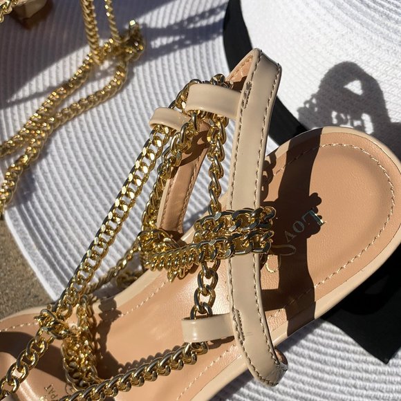 HP💃 Nude Gold Chain Anklet Leg Wrap Heel Sandals - Picture 6 of 7